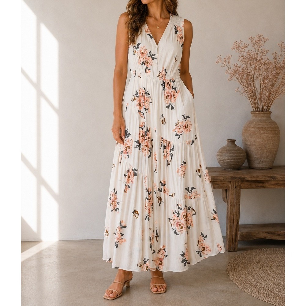 Free People All I Got Maxi Dress Butterfly Effect Floral Tiered Cream Pink 6